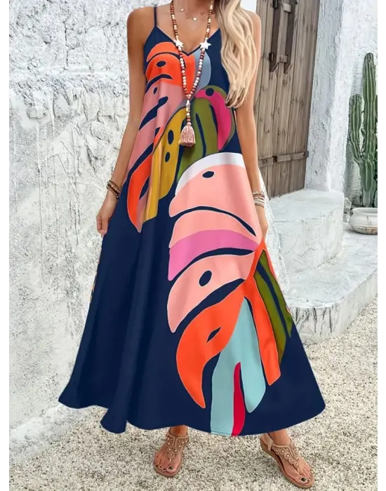 Omarı Feminen Desenli Maxi Elbise