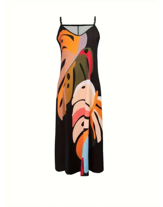 Kadın Ip Askılı V Yakalı Desenli Süprem Maxi Elbise