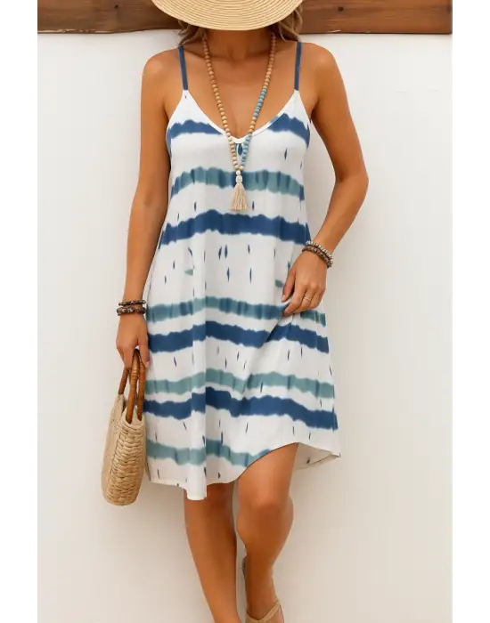 Kadın Ip Askılı V Yakalı Karışık Renkli Süprem Elbise