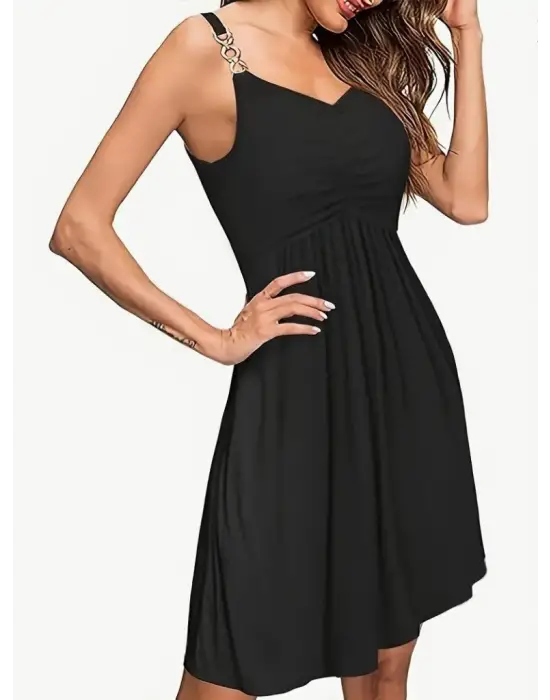 Kadın Ip Askılı V Yakalı Kısa Viskon Elbise