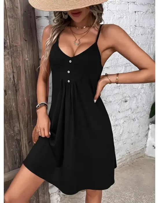 Kadın Ip Askılı V Yakalı Kısa Viskon Elbise
