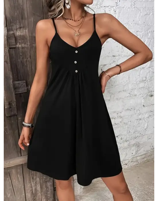 Kadın Ip Askılı V Yakalı Kısa Viskon Elbise