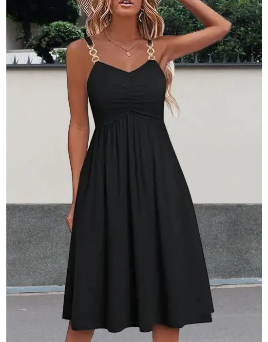 Kadın Ip Askılı V Yakalı Kısa Viskon Elbise