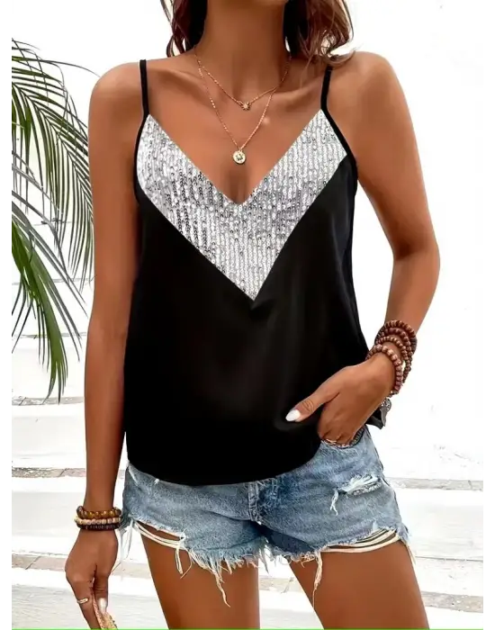 Kadın Ip Askılı V Yakalı Pulpayet Detaylı Sandy Gümüş Bluz