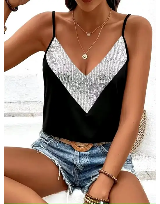 Kadın Ip Askılı V Yakalı Pulpayet Detaylı Sandy Gümüş Bluz