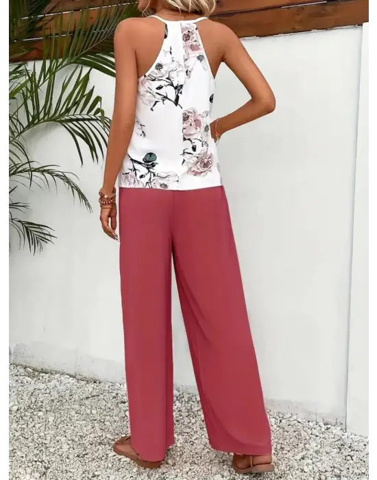 Kadın Ip Askılı V Yakalı Süprem Bluz Ve Aerobin Pantolon Ikili Takım