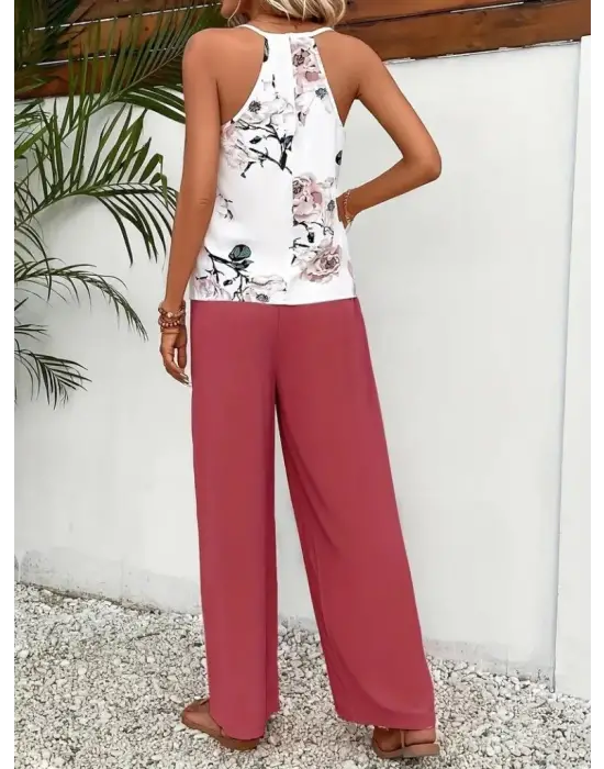 Kadın Ip Askılı V Yakalı Süprem Bluz Ve Aerobin Pantolon Ikili Takım