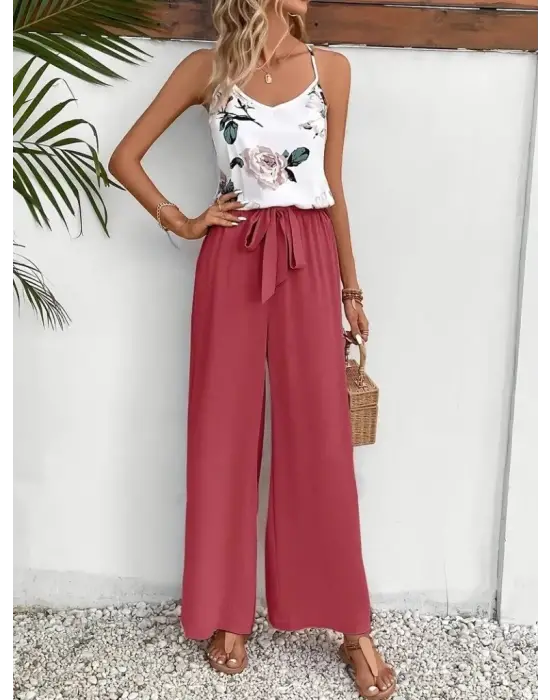 Kadın Ip Askılı V Yakalı Süprem Bluz Ve Aerobin Pantolon Ikili Takım