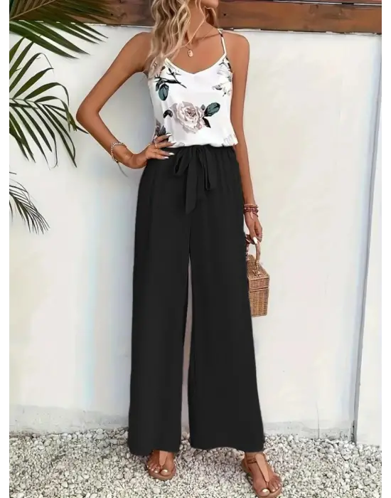 Kadın Ip Askılı V Yakalı Süprem Bluz Ve Aerobin Pantolon Ikili Takım