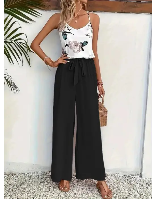 Kadın Ip Askılı V Yakalı Süprem Bluz Ve Aerobin Pantolon Ikili Takım