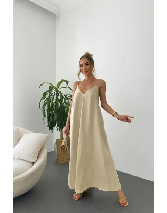 Omarı Şık ve Rahat Ip Askılı Uzun Elbise