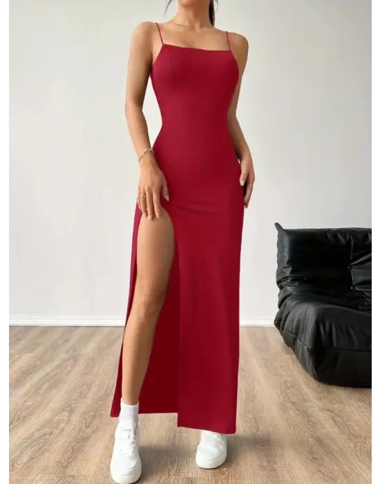 Omarı Yandan Yırtmaçlı Janjan Krep Elbise