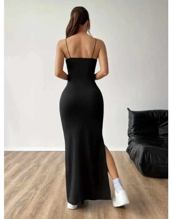 Kadın Ip Askılı Yandan Yırtmaçlı Janjan Krep Elbise
