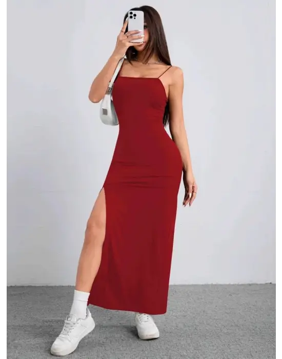 Omarı Yandan Yırtmaçlı Janjan Krep Elbise