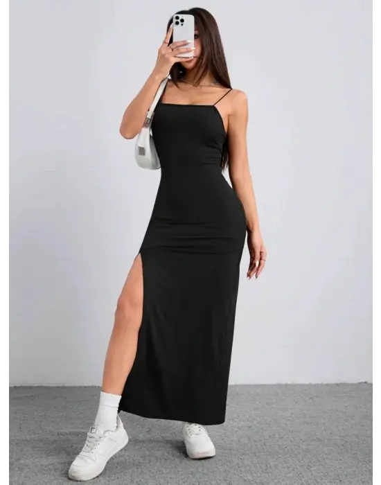 Kadın Ip Askılı Yandan Yırtmaçlı Janjan Krep Elbise