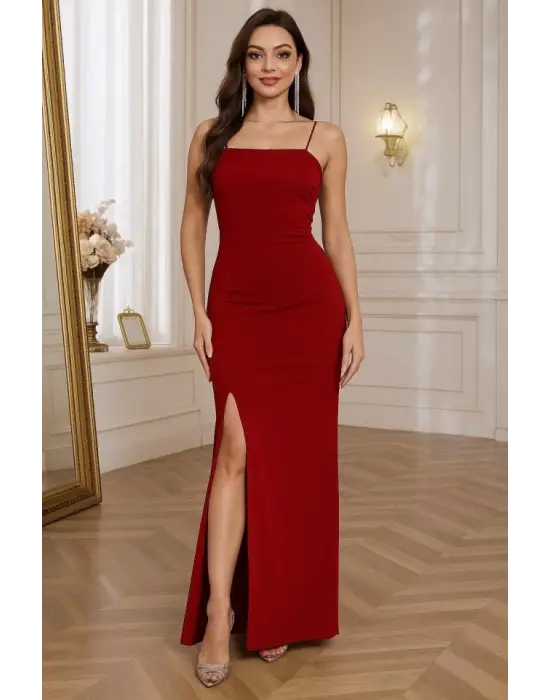 Kadın Ip Askılı Yandan Yırtmaçlı Janjan Krep Elbise