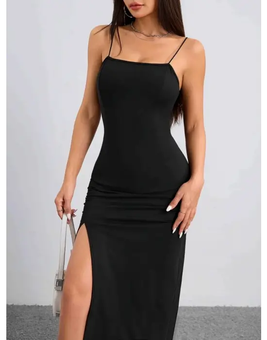 Kadın Ip Askılı Yandan Yırtmaçlı Janjan Krep Elbise