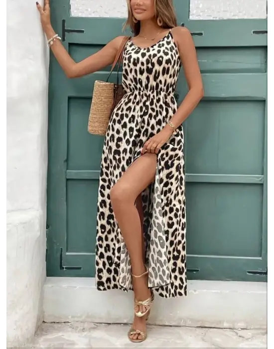 Kadın Ip Askılı Yuvarlak Yakalı Arkası V Yakalı Yırtmaçlı Uzun Leopar Desenli Süprem Elbise