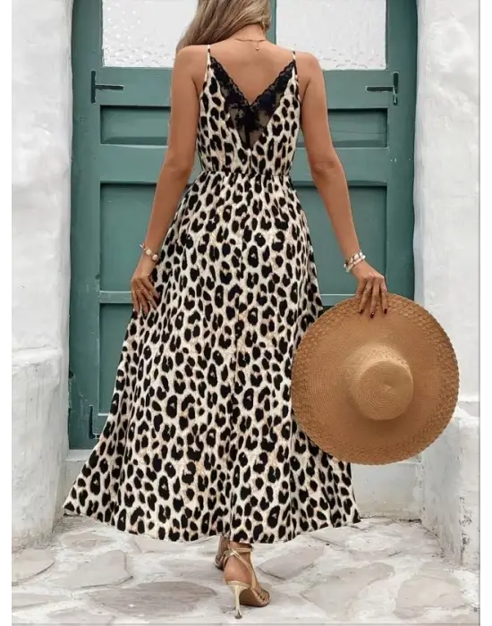 Kadın Ip Askılı Yuvarlak Yakalı Arkası V Yakalı Yırtmaçlı Uzun Leopar Desenli Süprem Elbise