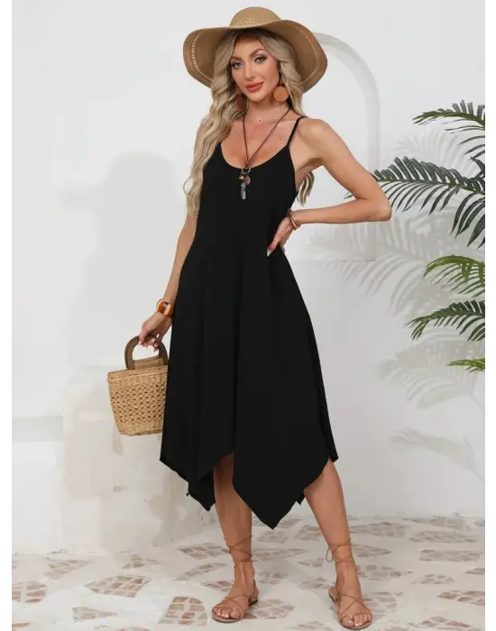 Kadın Ip Askılı Yuvarlak Yakalı Asimetrik Kesim Viskon Elbise