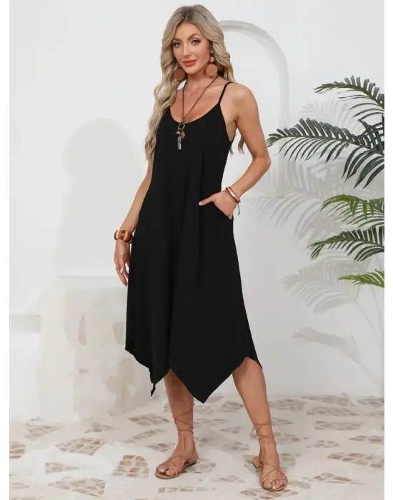 Omarı Asimetrik Kesim Yuvarlak Yakalı Viskon Elbise