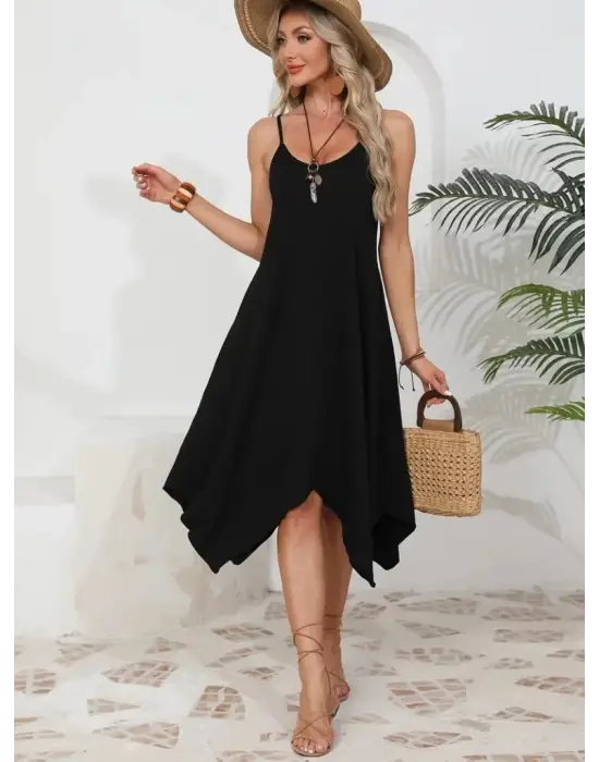 Omarı Asimetrik Kesim Yuvarlak Yakalı Viskon Elbise