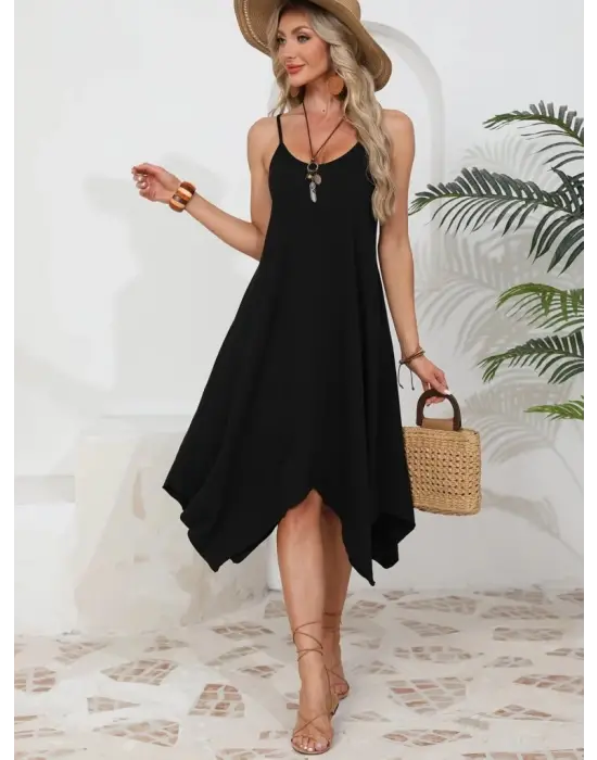 Omarı Asimetrik Kesim Yuvarlak Yakalı Viskon Elbise