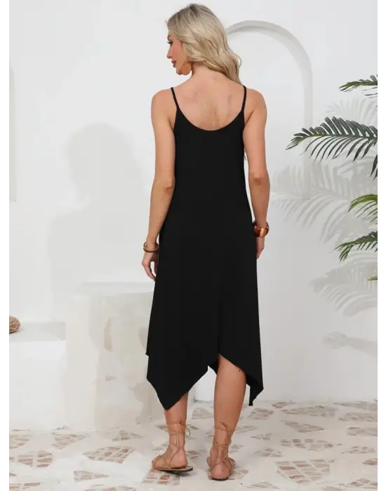 Omarı Asimetrik Kesim Yuvarlak Yakalı Viskon Elbise