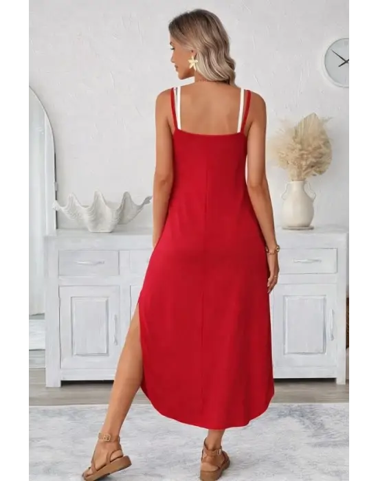 Kadın Ip Askılı Yuvarlak Yakalı Cepli Uzun Viskon Elbise