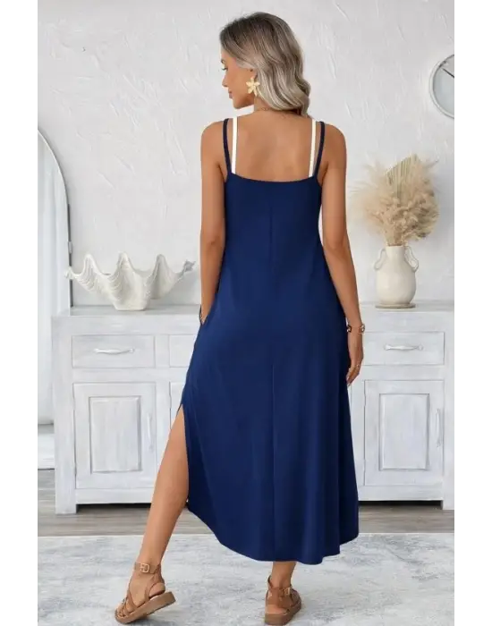 Kadın Ip Askılı Yuvarlak Yakalı Cepli Uzun Viskon Elbise