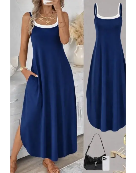 Kadın Ip Askılı Yuvarlak Yakalı Cepli Uzun Viskon Elbise