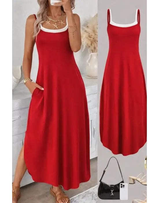 Kadın Ip Askılı Yuvarlak Yakalı Cepli Uzun Viskon Elbise