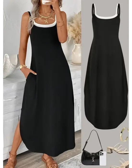 Kadın Ip Askılı Yuvarlak Yakalı Cepli Uzun Viskon Elbise