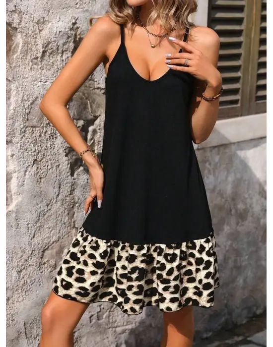 Omarı Trend Leopar Detaylı Kadın Elbisesi