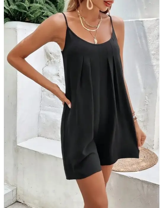 Kadın Ip Askılı Yuvarlak Yakalı Pileli Viskon Tulum