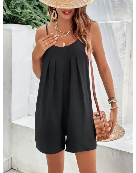 Kadın Ip Askılı Yuvarlak Yakalı Pileli Viskon Tulum