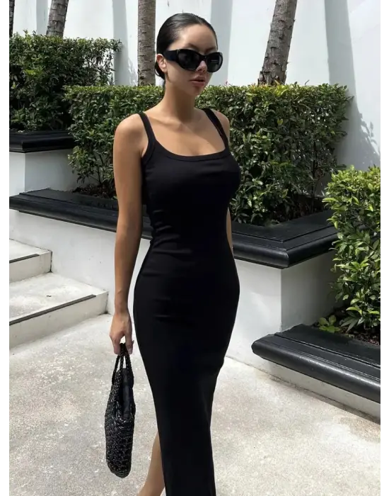 Kadın Ip Askılı Yuvarlak Yakalı Yırtmaçlı Midi Kaşkorse Elbise