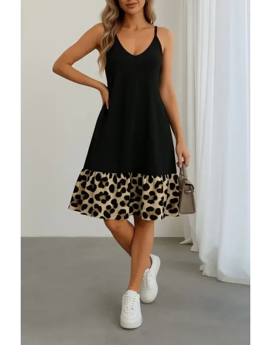 Omarı Yuvarlak Yakalı Viskon Etek Detaylı Kadın Elbise