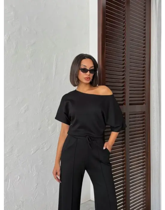 Kadın İsa Kollu Kayık Yaka Bluz Ve Pantolon Misal Kumaş Ikili Takım