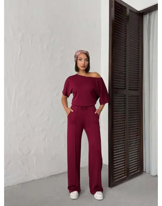 Kadın İsa Kollu Kayık Yaka Bluz Ve Pantolon Misal Kumaş Ikili Takım