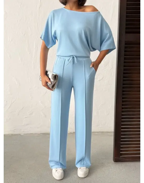 Kadın İsa Kollu Kayık Yaka Bluz Ve Pantolon Misal Kumaş Ikili Takım