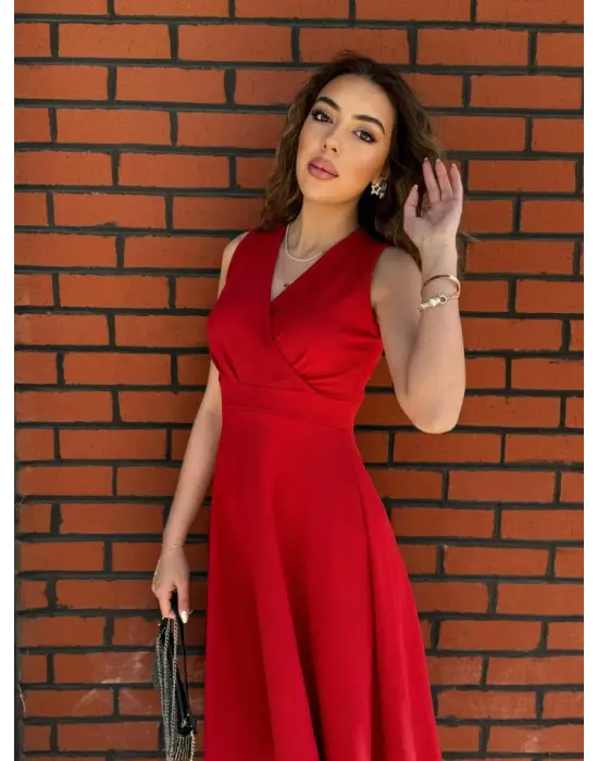 Kadın Ithal Krep Kumaş Kruvaze Yaka Eteği Kloş Kolsuz Mini Elbise