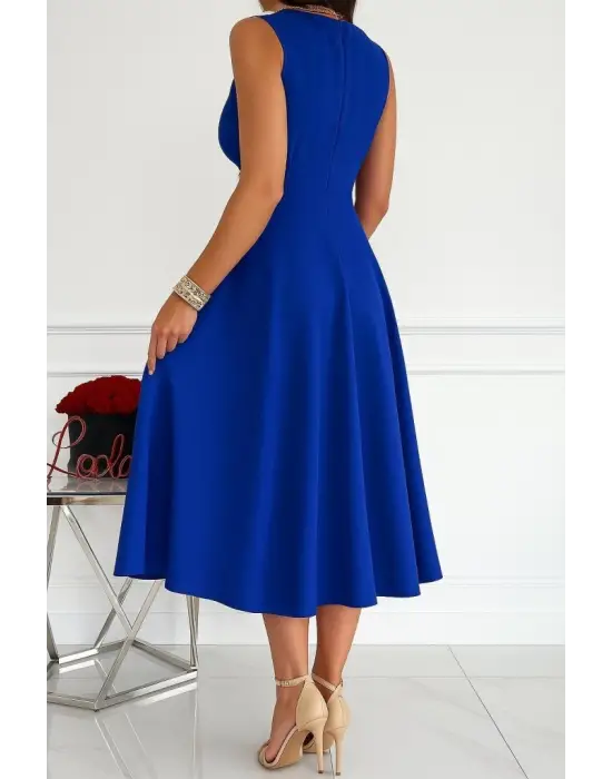 Kadın Ithal Krep Kumaş Kruvaze Yaka Eteği Kloş Kolsuz Mini Elbise