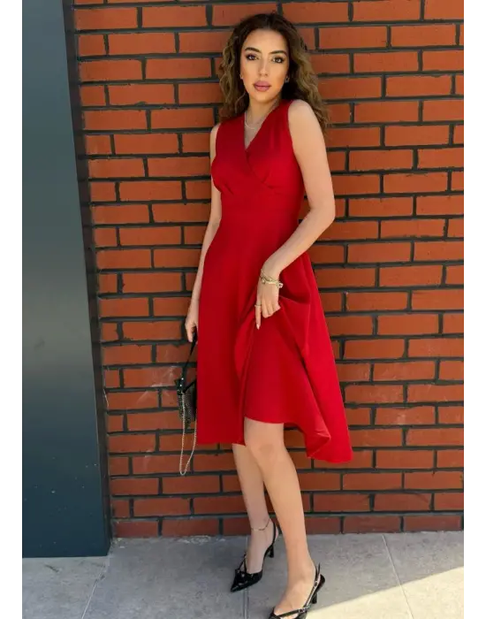 Kadın Ithal Krep Kumaş Kruvaze Yaka Eteği Kloş Kolsuz Mini Elbise