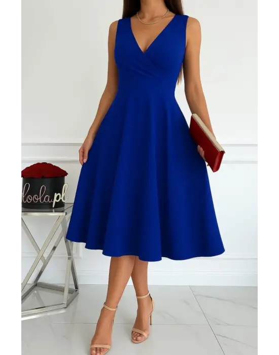 Kadın Ithal Krep Kumaş Kruvaze Yaka Eteği Kloş Kolsuz Mini Elbise