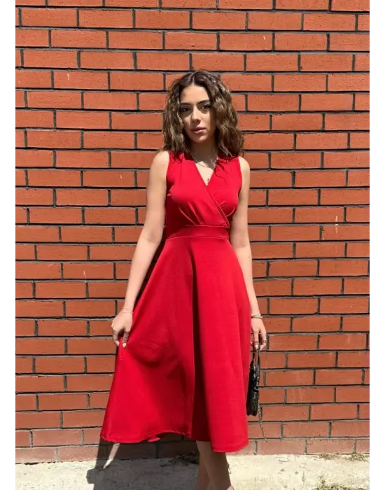 Kadın Ithal Krep Kumaş Kruvaze Yaka Eteği Kloş Kolsuz Mini Elbise