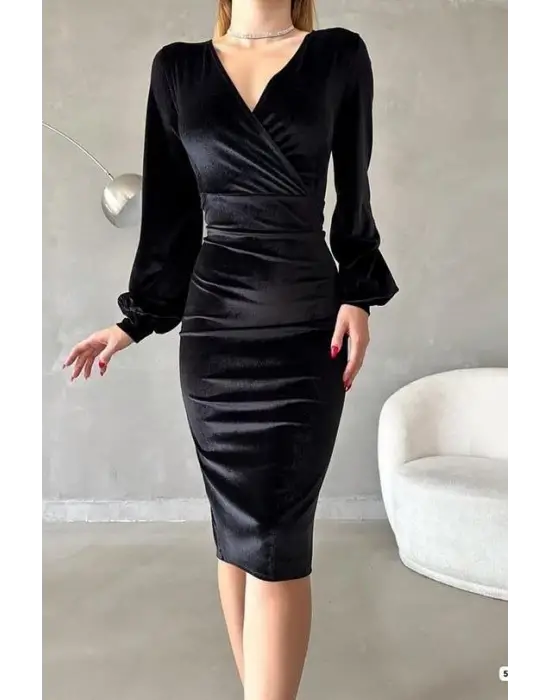 Kadın Kadife Kumaş Kruvaze Yaka Balon Kol Ve Yırtmaç Detaylı Midi Boy Elbise