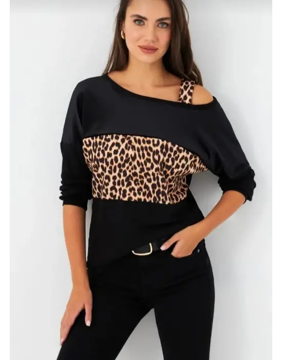 Kadın Kadife Kumaş Leopar Desenli Omuz Detay Uzun Kollu Bluz