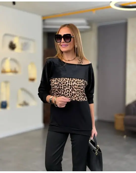 Kadın Kadife Kumaş Leopar Desenli Omuz Detay Uzun Kollu Bluz