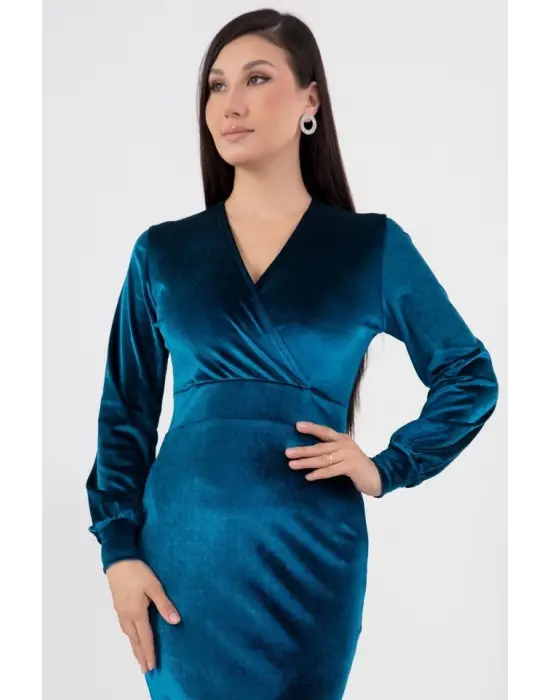 Kadın Kadife Kumaş Manşetli V Yaka Şık Kalem Elbise